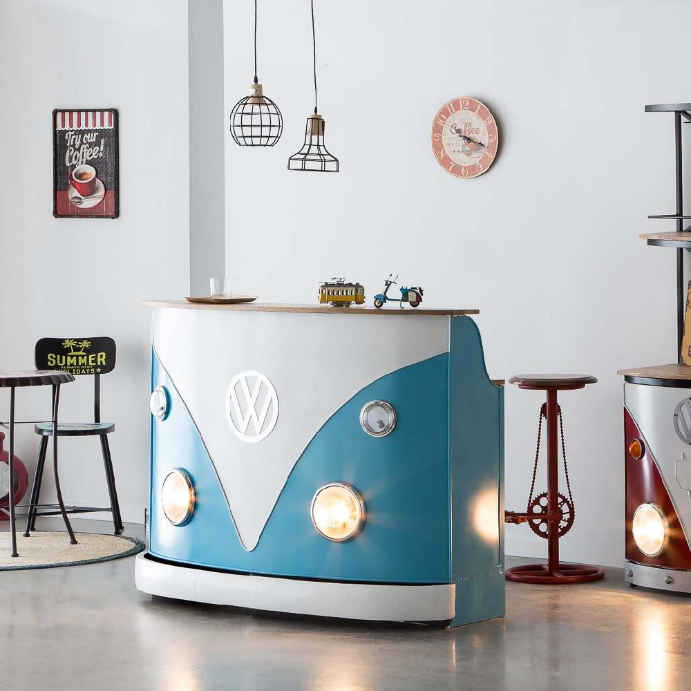 Creaciones meng MUEBLE - BARRAS DE BAR - barra botellero furgoneta de madera y metal acabado artesanal azul con luz Envío gratis