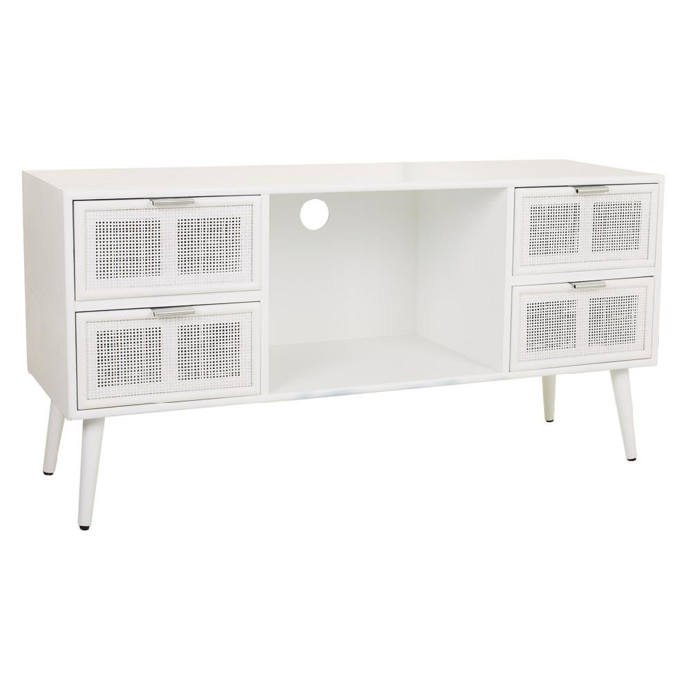 Creaciones meng MUEBLE - MUEBLES TELEVISION - mueble bajo de madera y rejilla en blanco