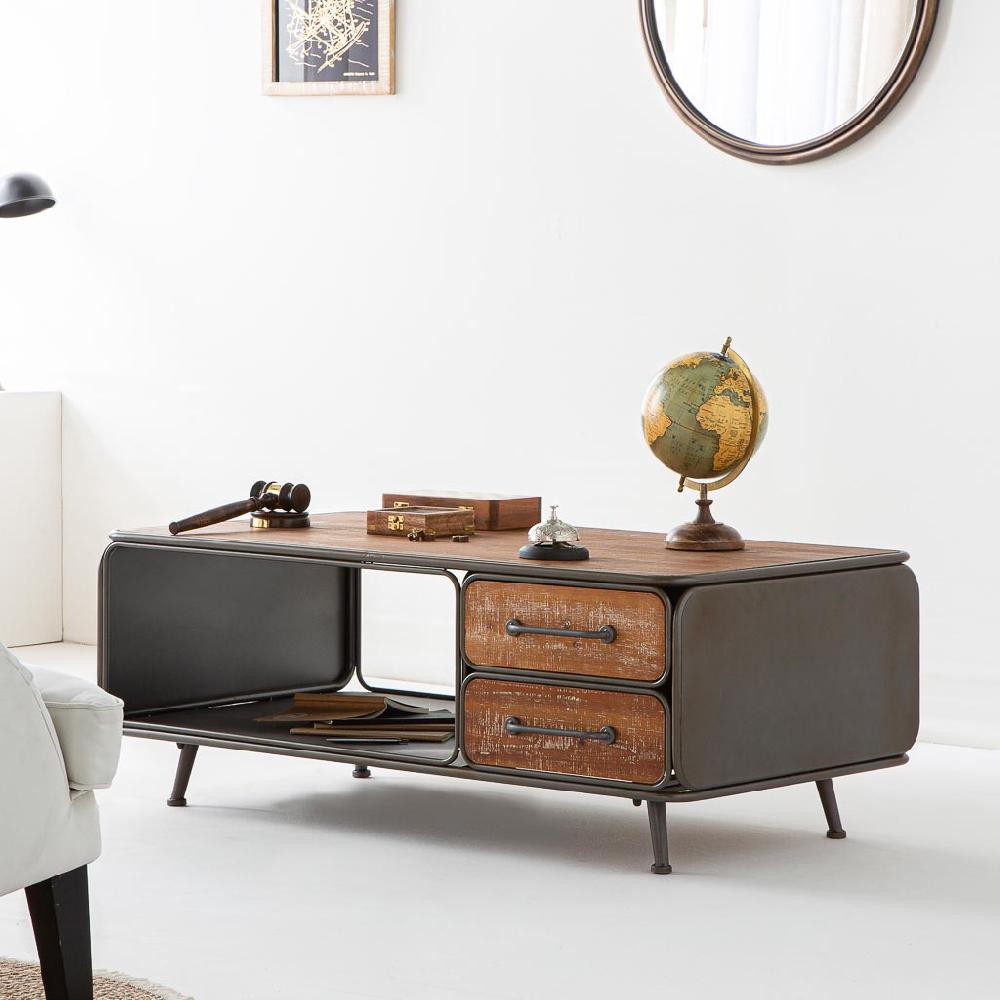 Creaciones meng MUEBLE - MESAS DE CENTRO - mesa de centro de madera y metal de 2 cajones negro Devoluciones gratuitas