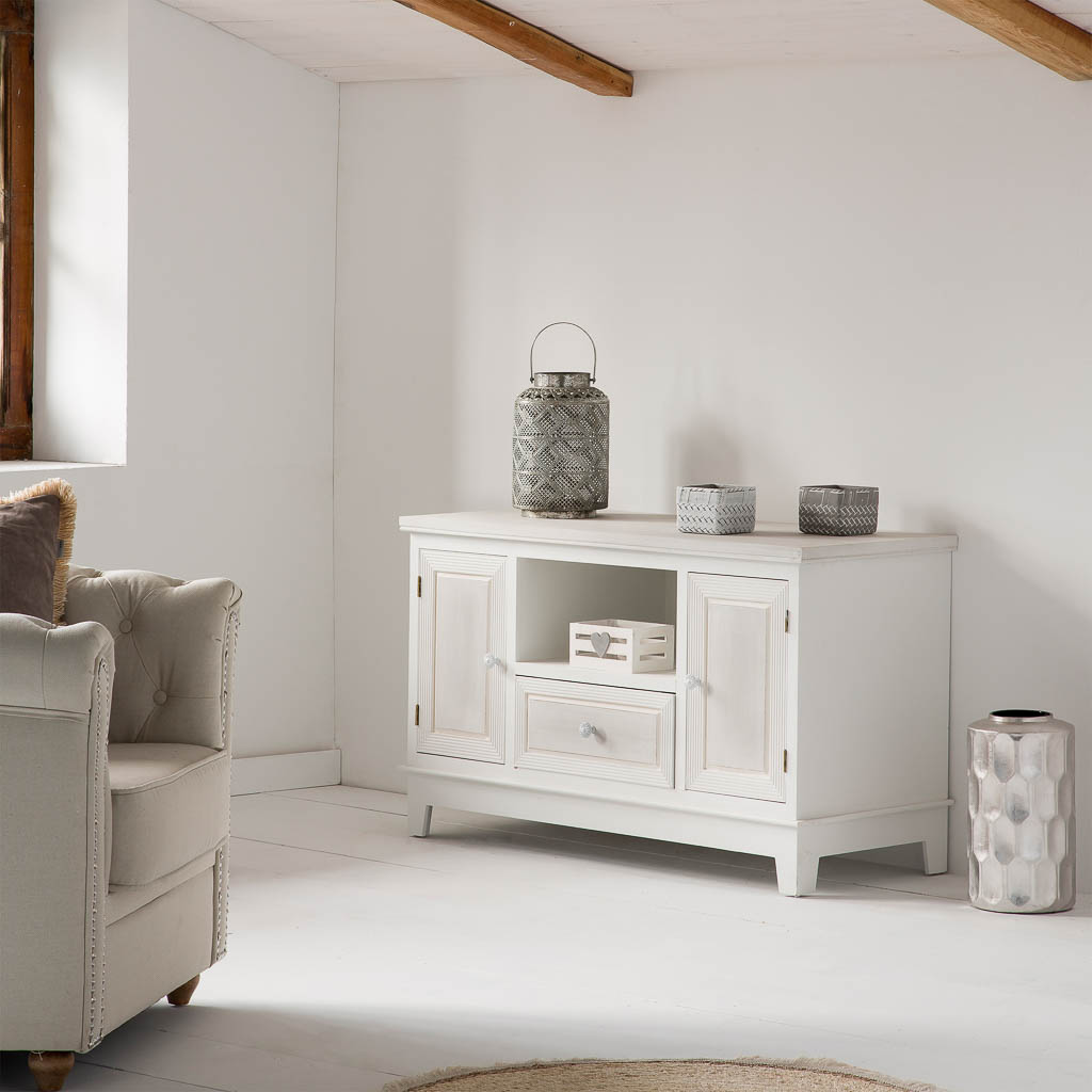 Creaciones meng MUEBLE - MUEBLE AUXILIAR - mueble bajo de madera de 2 puerta y 1 cajon blanco En línea