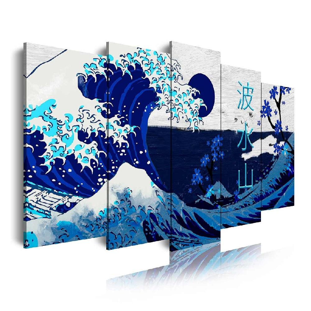 Dekoarte Cuadro en Lienzo Tríptico Adaptación De la Gran Ola de Kanagawa en Azul
