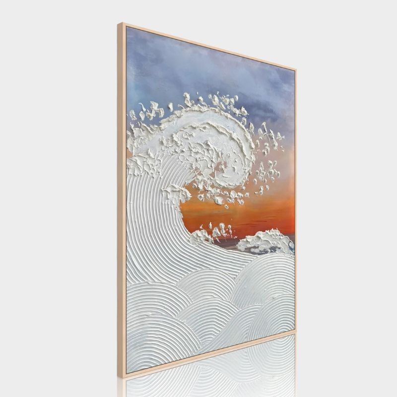 Dekoarte Cuadro en relieve con marco de madera Olas al atardecer