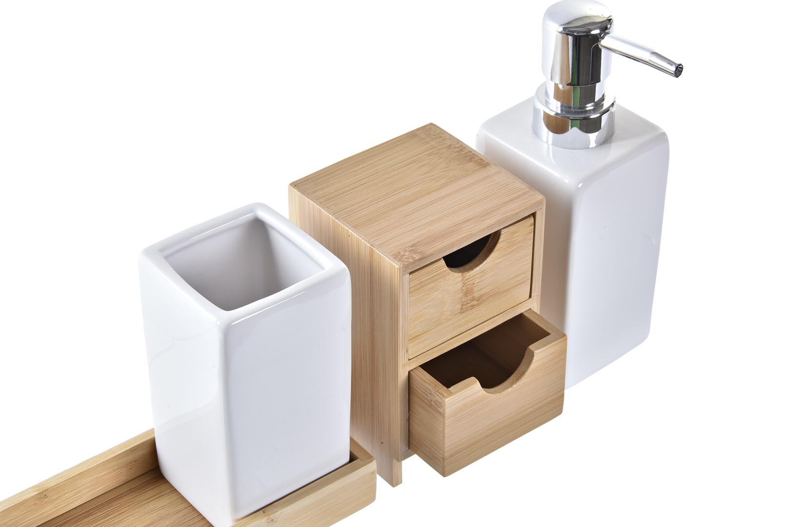 Dekodonia DISPENSADOR JABÓN CON VASO Y ALMACENAJE BAMBÚ Rebajas online