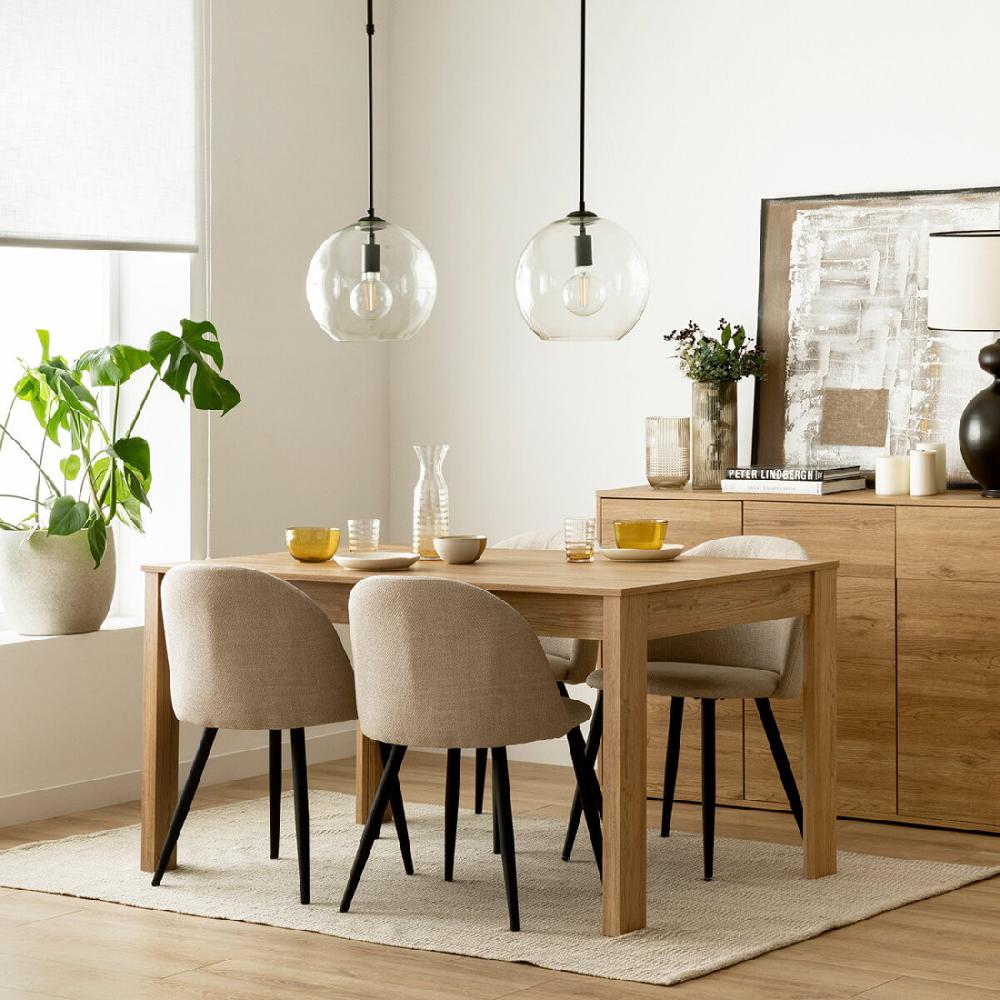 kenay home Conjunto mesa comedor extensible rectangular natural 140 Hegas + 4 sillas tapizadas gris