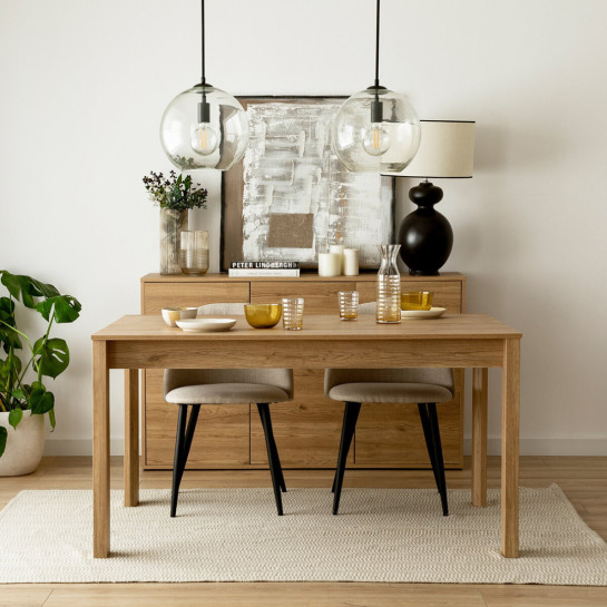 kenay home Conjunto mesa comedor extensible rectangular natural 140 Hegas + 4 sillas tapizadas gris Rebajas de fábrica