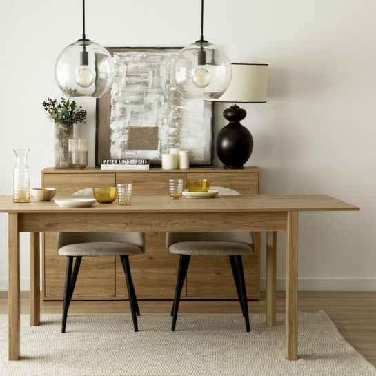 kenay home Conjunto mesa comedor extensible rectangular natural 140 Hegas + 4 sillas tapizadas gris Rebajas de fábrica