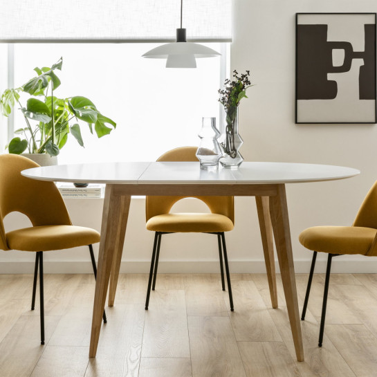 kenay home Conjunto mesa de comedor extensible redonda blanca-natural 120 + 4 sillas tapizadas mostaza Últimos 3 días