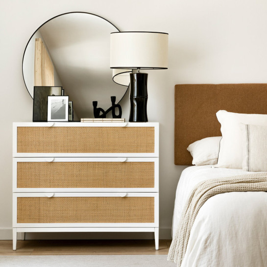 kenay home Cómoda blanca y ratán 3 cajones Outlet