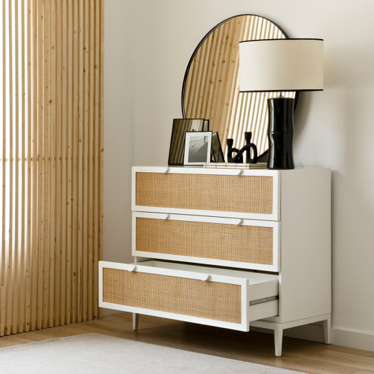 kenay home Cómoda blanca y ratán 3 cajones Outlet