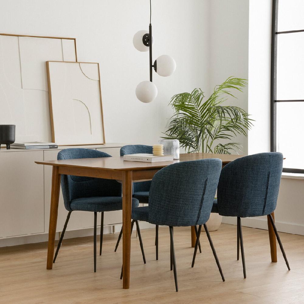 kenay home Conjunto mesa de comedor extensible rectangular natural 160 + 4 sillas tapizadas azul