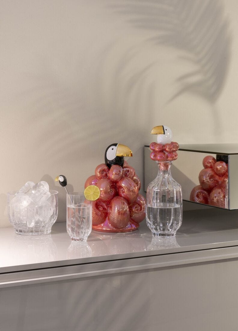 lladro Set 2 vasos cristal altos + 2 agitadores Tucán. Lustre dorado Oferta especial