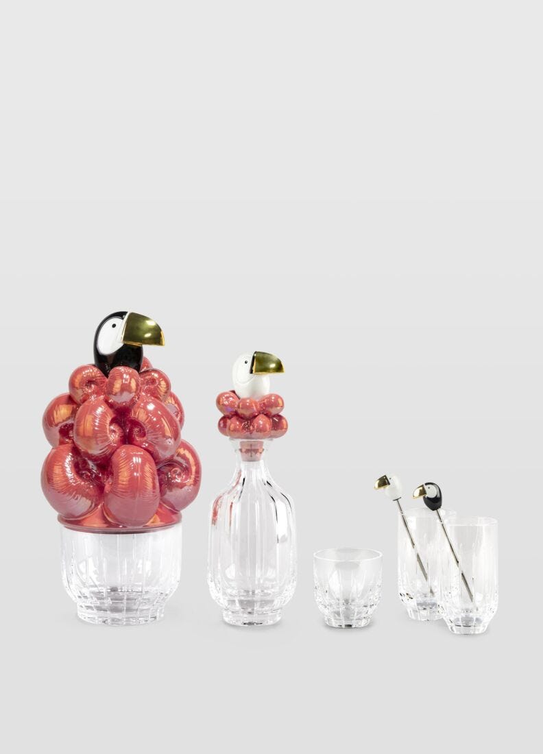 lladro Set 2 vasos cristal altos + 2 agitadores Tucán. Lustre dorado Oferta especial