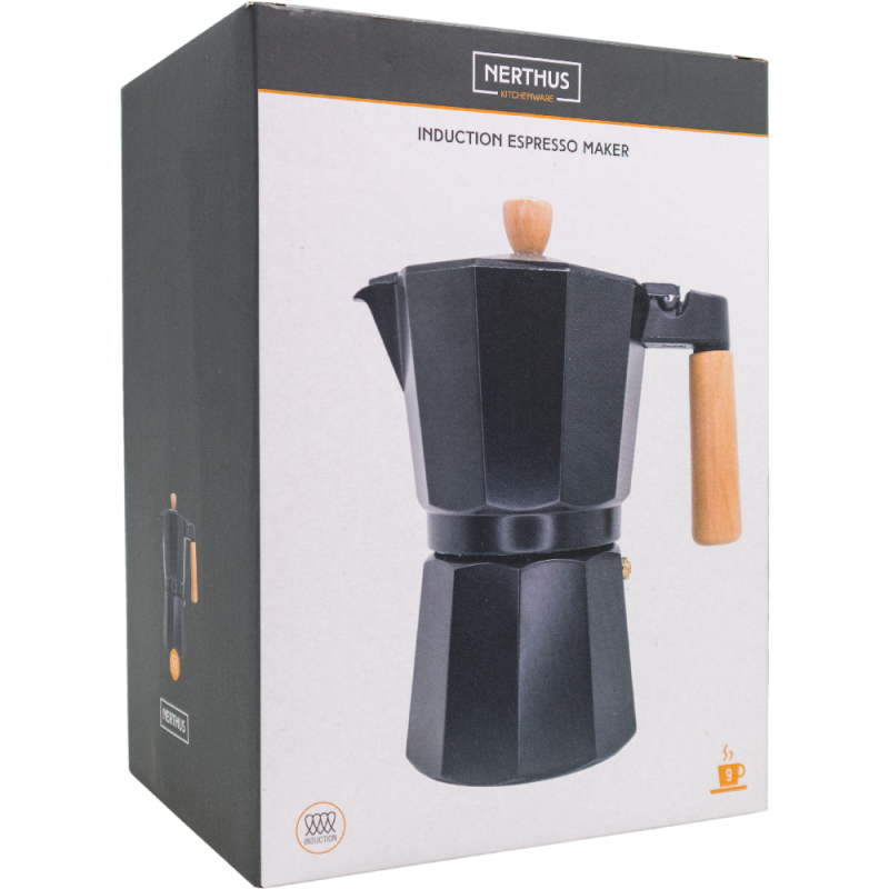 nerthus kitchenware Cafetera Italiana de Inducción 9 tazas Diseño Negro Madera Outlet online