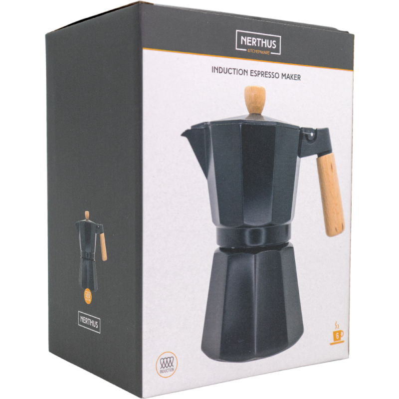 nerthus kitchenware Cafetera Italiana de Inducción 6 tazas Diseño Negro Madera Últimos 3 días