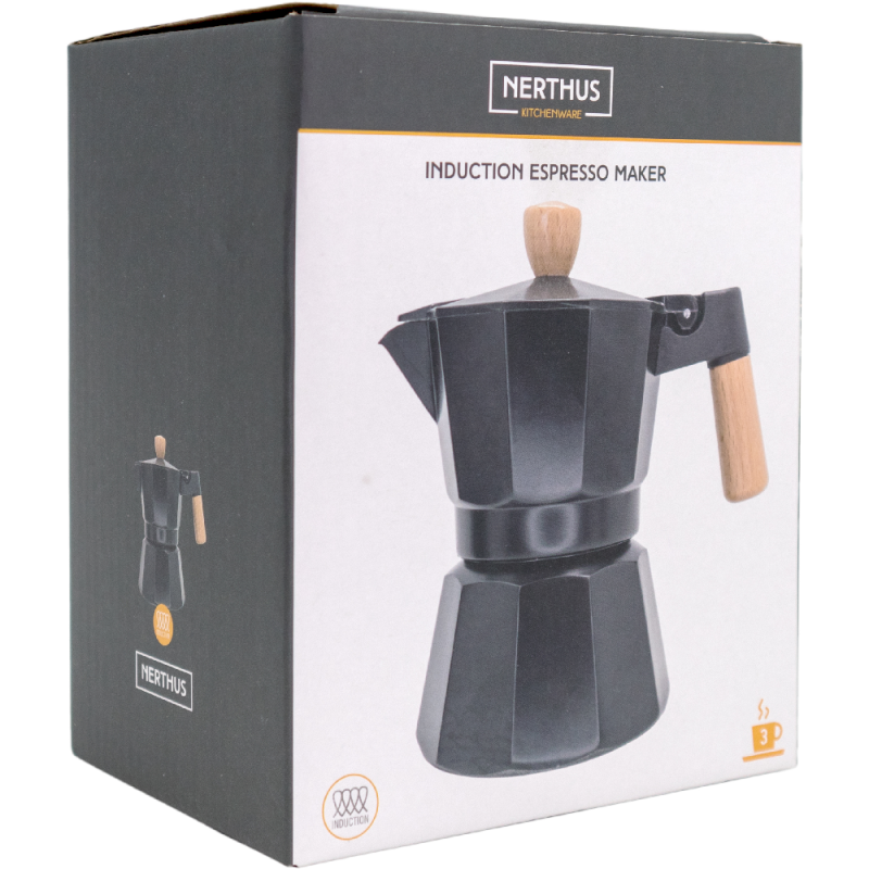 nerthus kitchenware Cafetera Italiana de Inducción 3 tazas Diseño Negro Madera COMPRAR AHORA