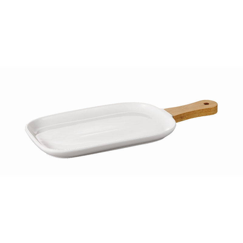 nerthus kitchenware Bandeja de Porcelana para Snacks con Asa de Bambú Blanco Envío internacional gratuito