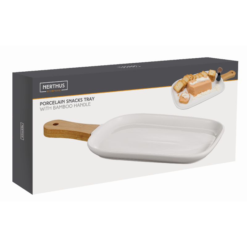 nerthus kitchenware Bandeja de Porcelana para Snacks con Asa de Bambú Blanco Envío internacional gratuito