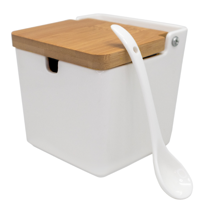 nerthus kitchenware Salero de Porcelana Extragrande Cuadrado con Tapa de Madera y Cuchara Blanco