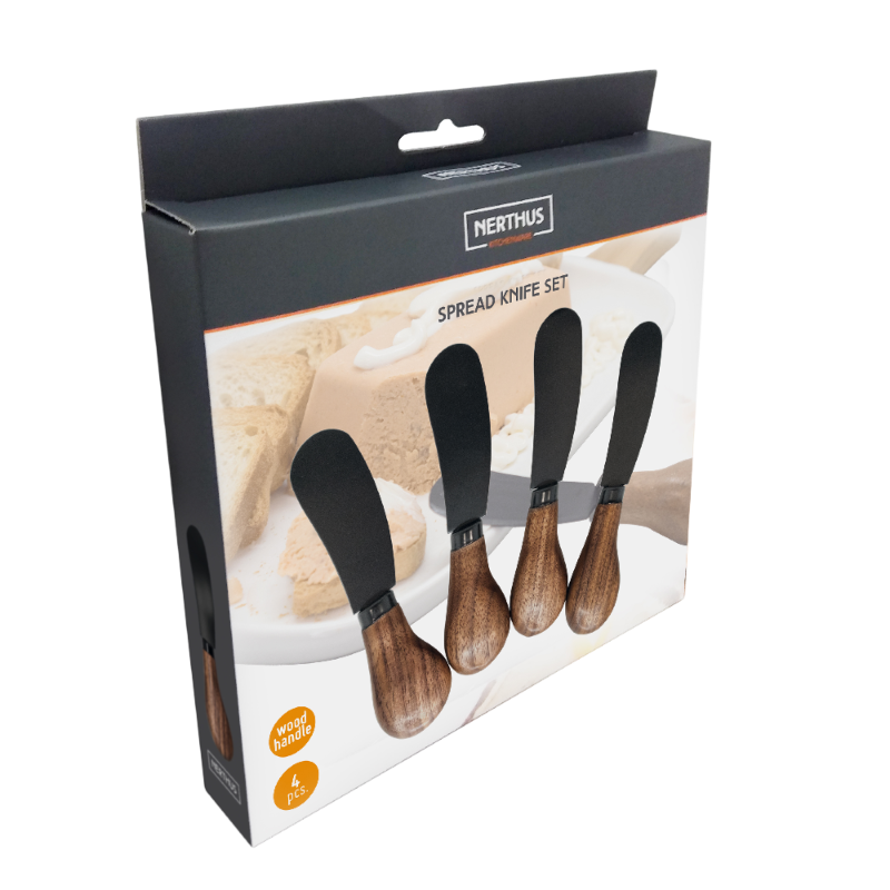 nerthus kitchenware Set de 4 Cuchillos para Untar con Mangos de Madera y hoja Negra Ofertas especiales