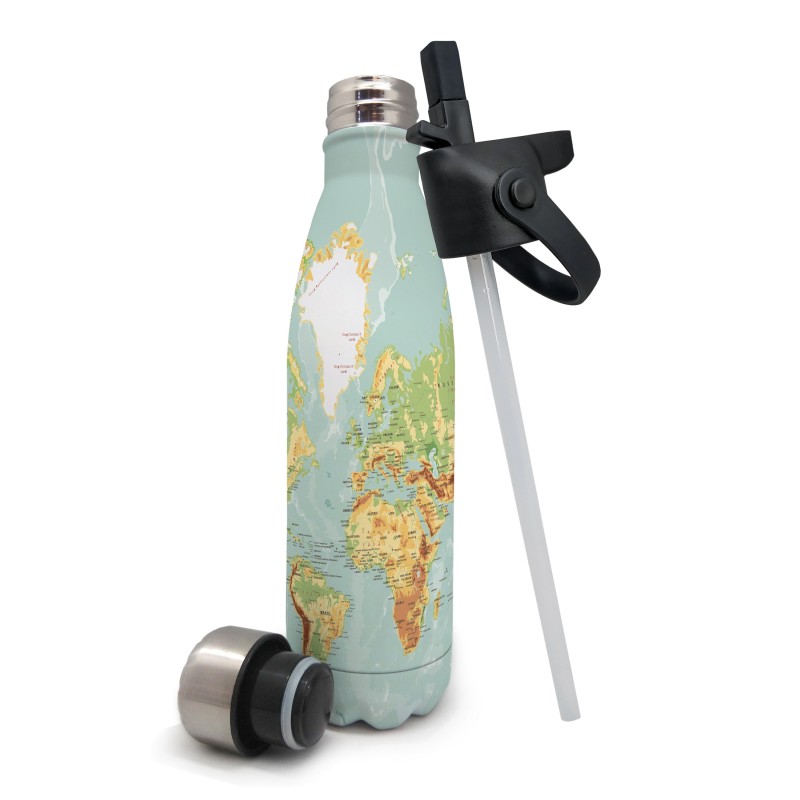 nerthus kitchenware Botella de doble pared de acero Inox. con tapón pajita + tapón de acero: Mapa