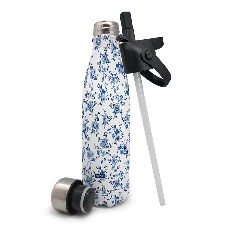 nerthus kitchenware Botella de doble pared de acero Inox. con tapón pajita + tapón de acero: Flores