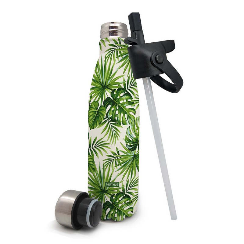 nerthus kitchenware Botella de doble pared de acero Inox. con tapón pajita + tapón de acero: Palmas