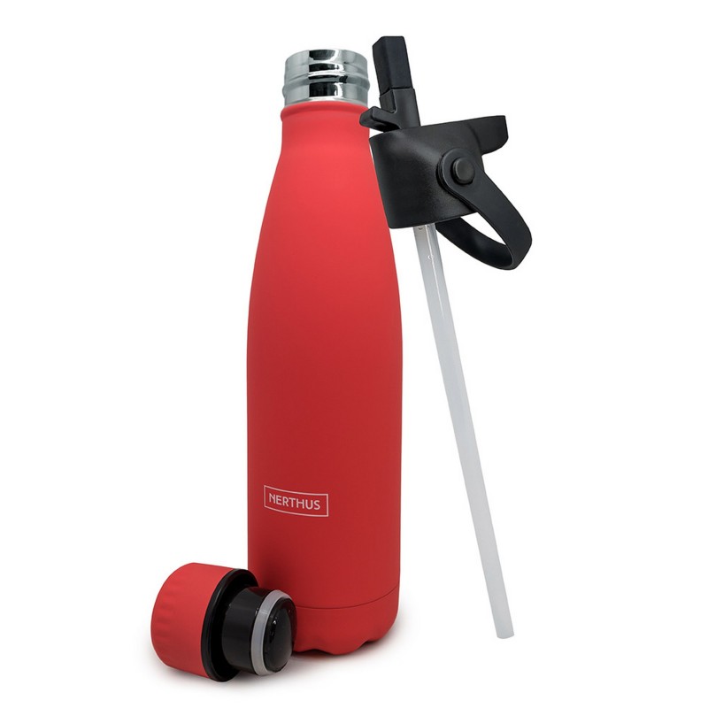 nerthus kitchenware Botella de doble pared de acero Inox. con tapón pajita + tapón de acero: Coral