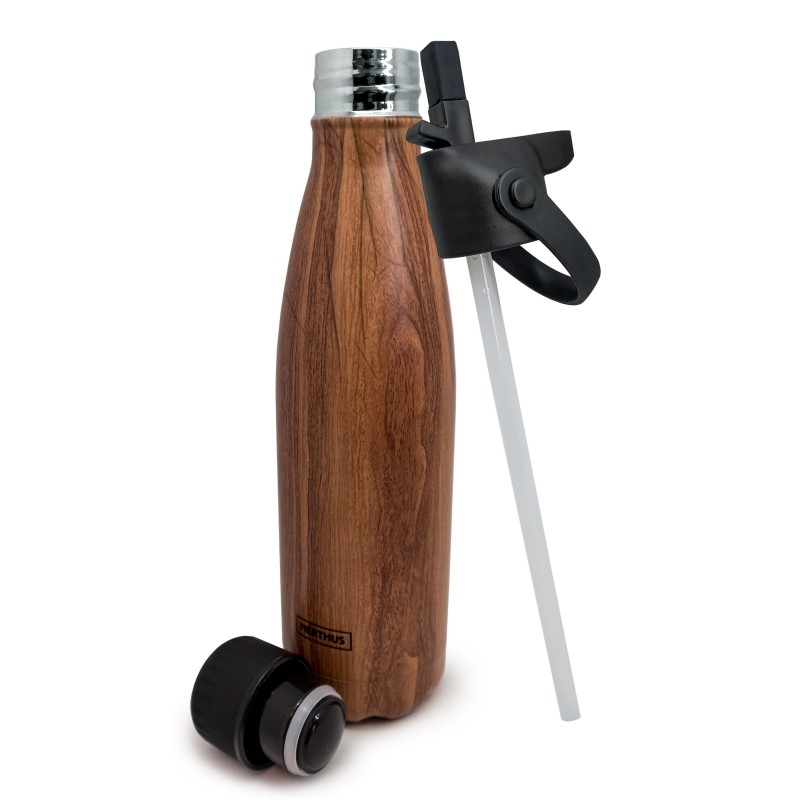nerthus kitchenware Botella de doble pared de acero Inox. con tapón pajita + tapón de acero: Madera