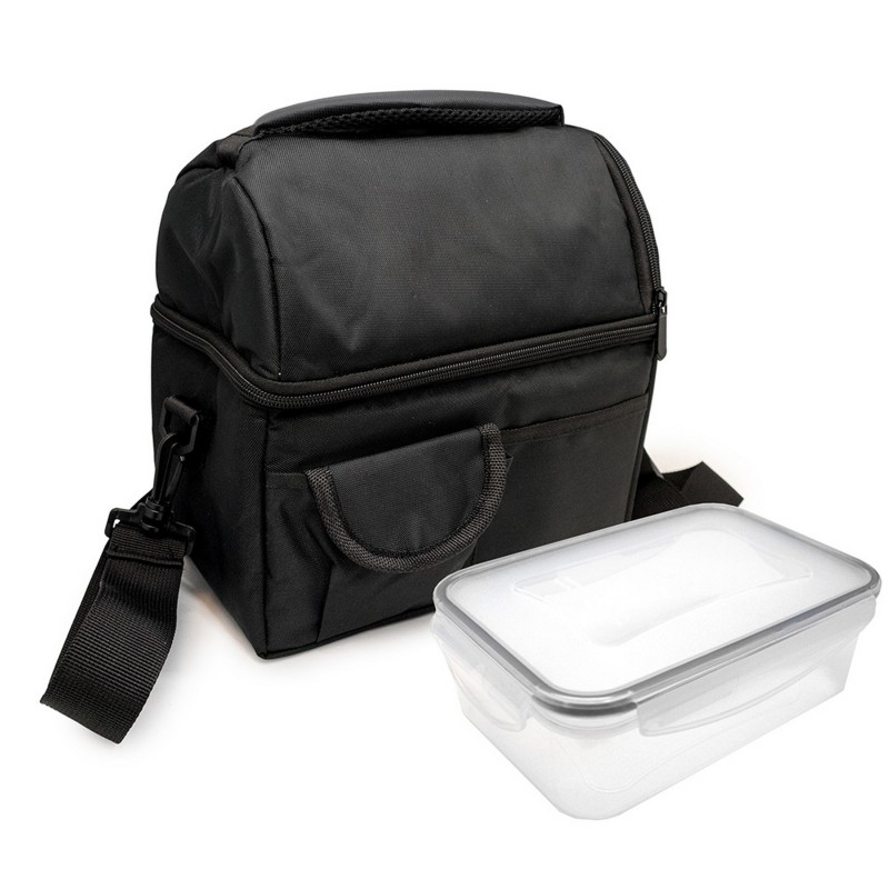 nerthus kitchenware Bolsa termica Porta Alimentos con Doble Piso Color Negro + Hermético de 1.2 litros