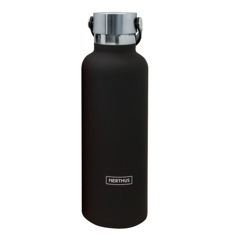 nerthus kitchenware Botellas Sport con Asa de Doble Pared Acero Inoxidable Negro 750 ml