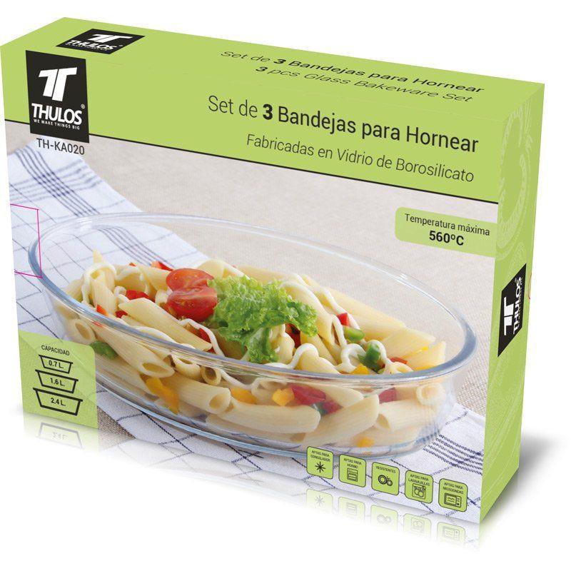 thulos Set de 3 bandejas de vidrio ovaladas para horno 0.7L 1.6L y 2.4L. THULOS TH-KA020 ÚLTIMAS EDICIONES