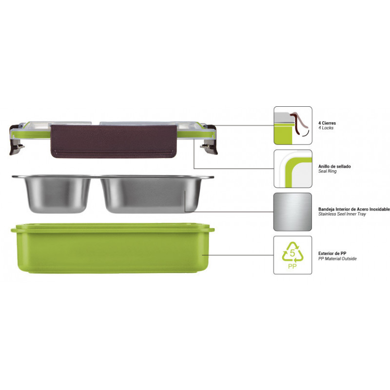 thulos Fiambrera de 750ml con bandeja interior de acero inoxidable de 2 compartimentos. THULOS TH-LB75 Rebajas baratas