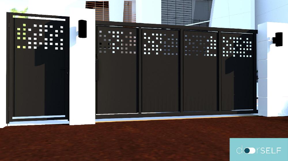 Puerta corredera+peatonal DOORSELF Tetris Up negra 400x200 cm Tienda de fábrica