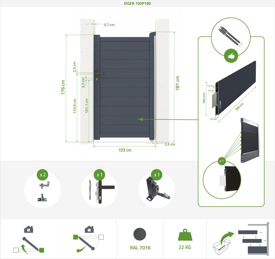 Puerta peatonal gris EIGER 100P180 Oferta especial