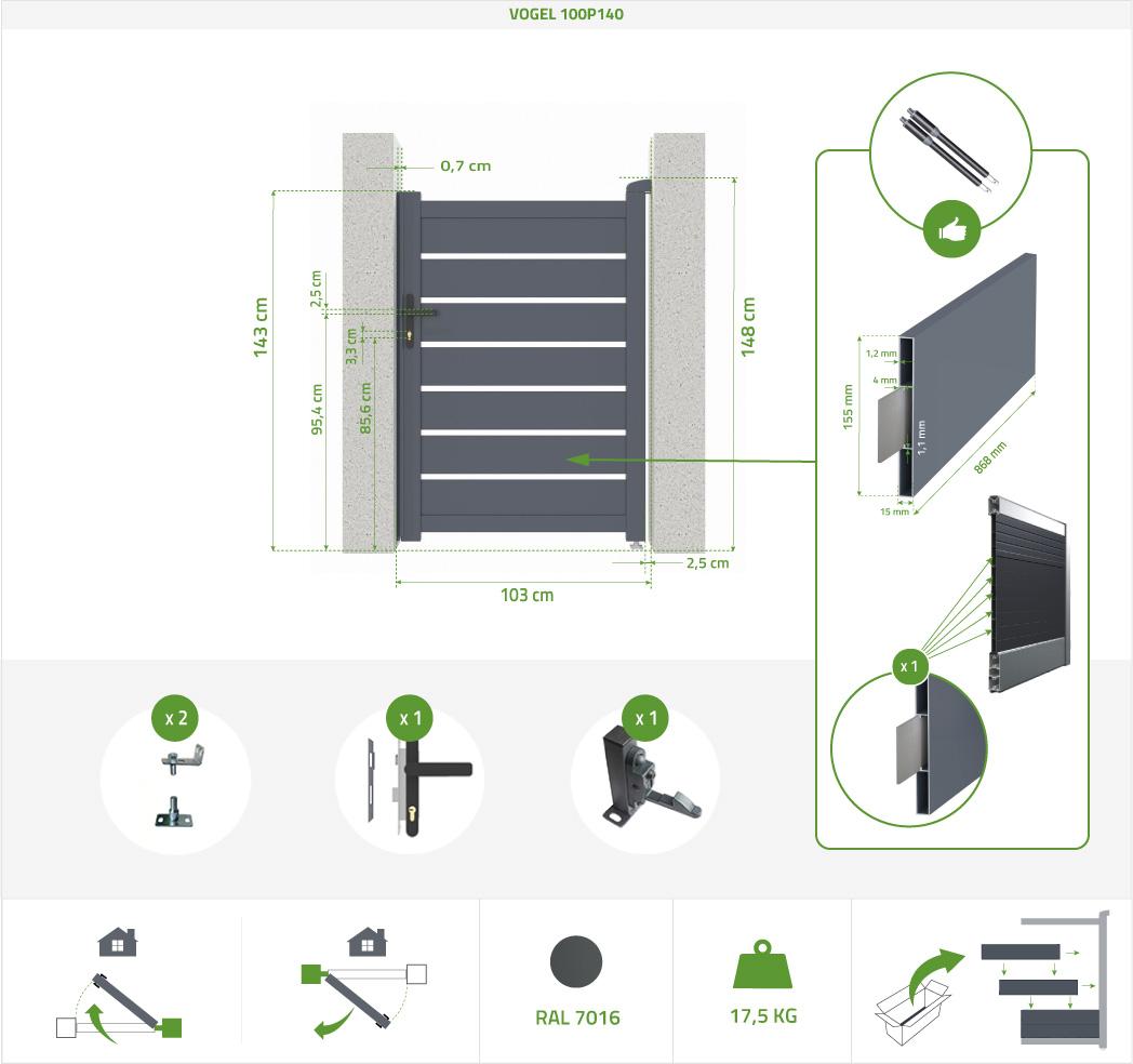 Pack puerta corredera 4m VOGEL 400C140 + puerta peatonal VOGEL 100P140 Gris Envío internacional gratuito