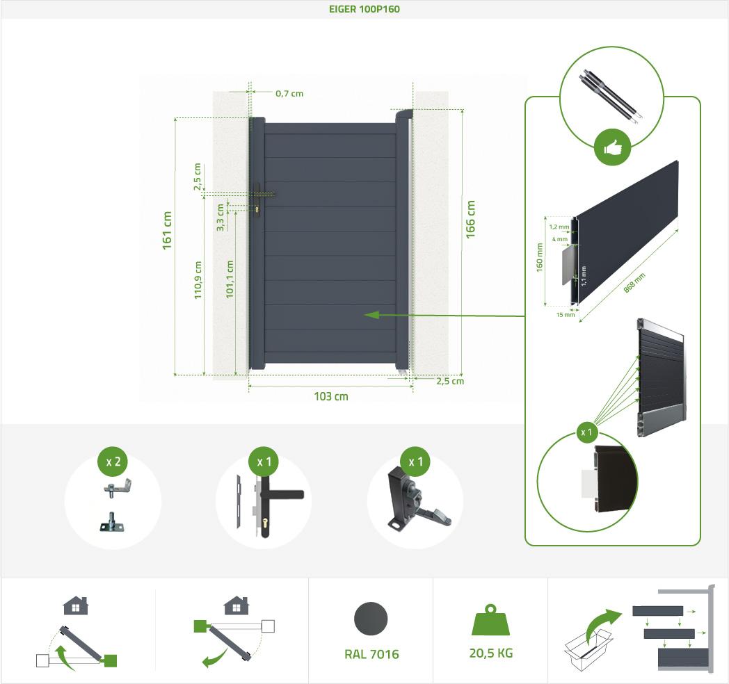 Pack puerta corredera 3m EIGER 300C160 + puerta peatonal EIGER 100P160 Gris En línea