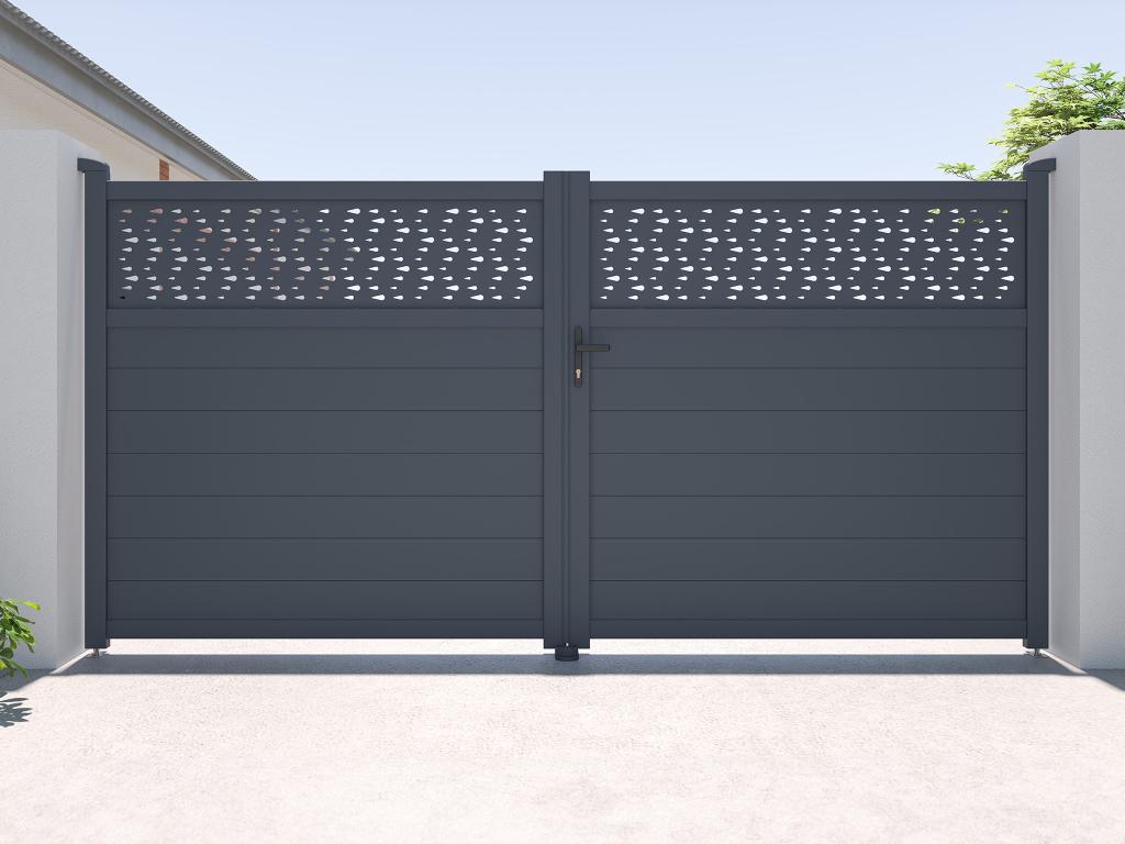 Puerta batiente de aluminio semi sólida con patrones L355 x H181 cm antracita - BAZIO