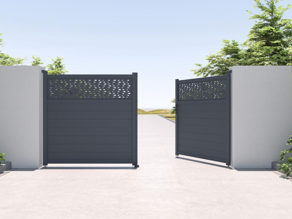 Puerta batiente de aluminio semi sólida con patrones L355 x H181 cm antracita - BAZIO Gran oferta