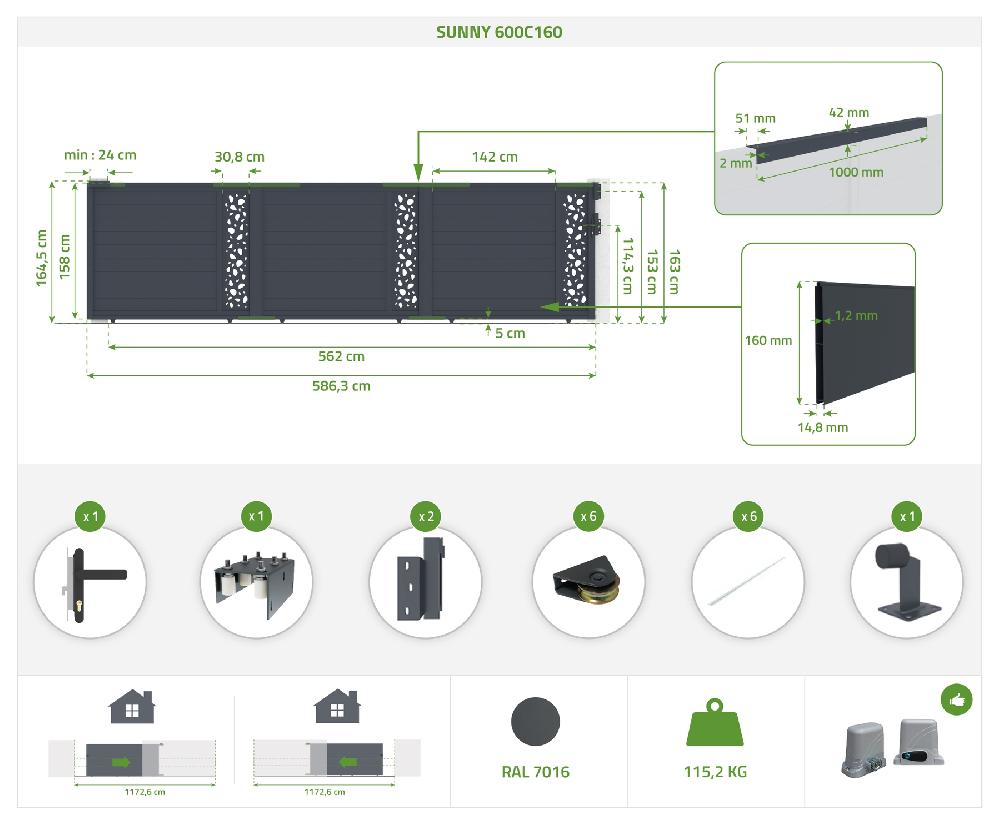 Puerta corredera 6m SUNNY H.160cm aluminio + cancela SUNNY H160 GRIS Rebajas
