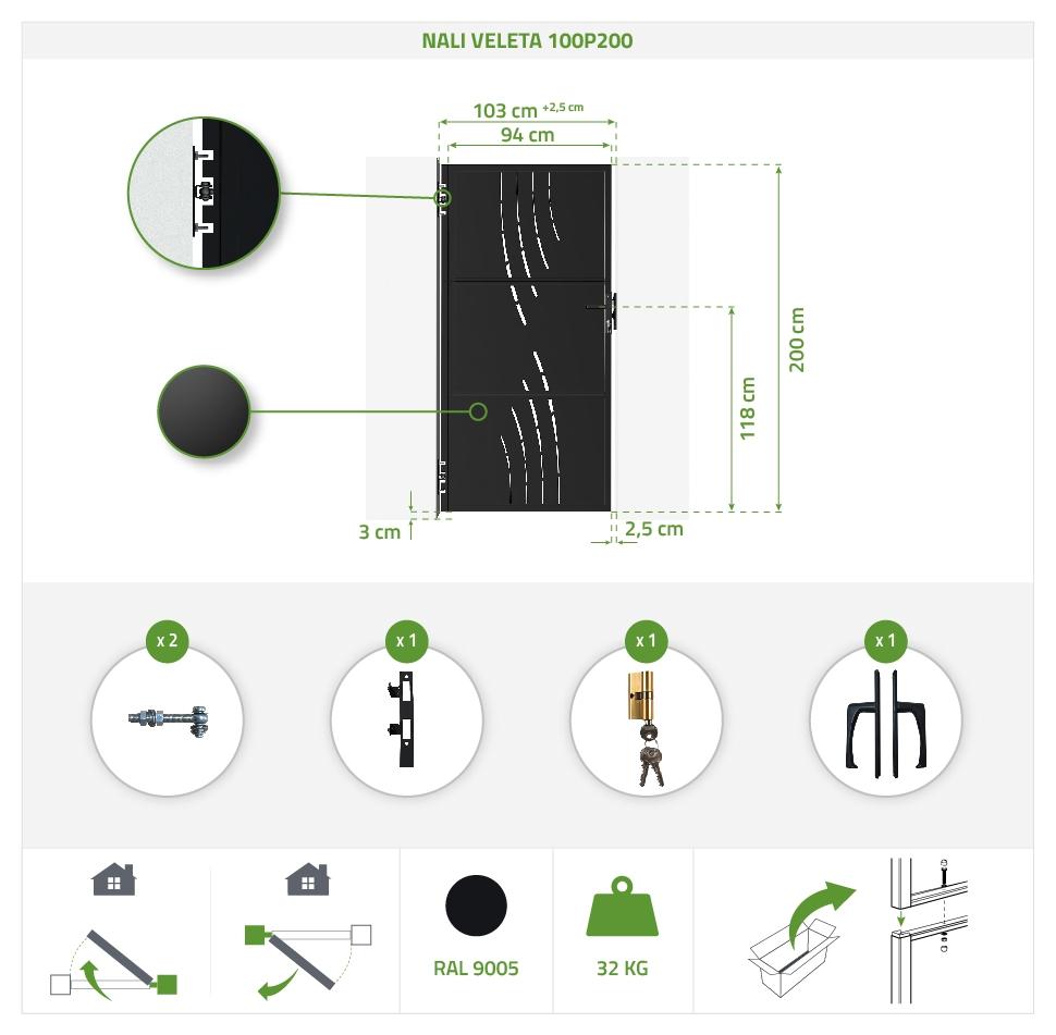 Puerta de acero 1m NALI VELETA H.200cm Negro mate Ventas relámpago