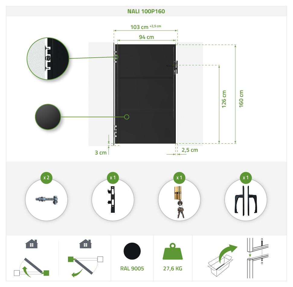 Puerta de acero 1M NALI H.160cm Negro mate Último día