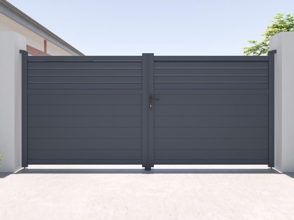 Puerta eléctrica batiente de aluminio con lamas L355 x H166 cm antracita - VIAZO