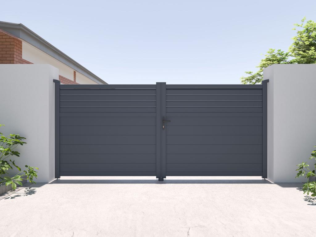 Puerta eléctrica batiente de aluminio con lamas L355 x H166 cm antracita - VIAZO Tienda