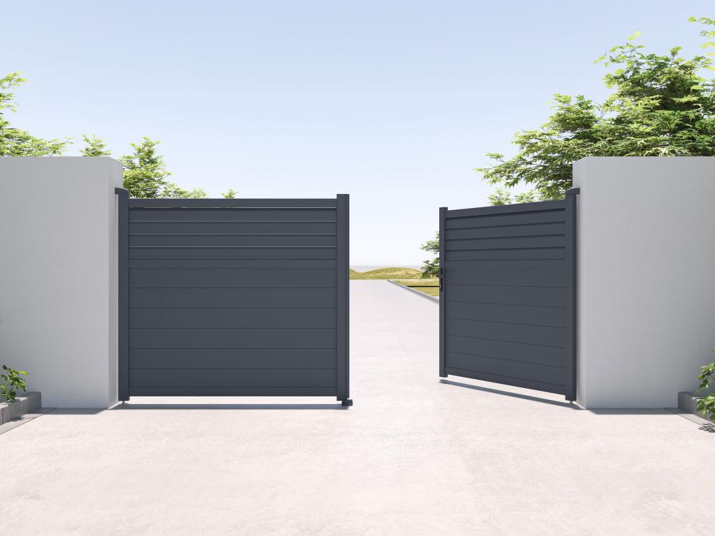 Puerta eléctrica batiente de aluminio con lamas L355 x H166 cm antracita - VIAZO Tienda