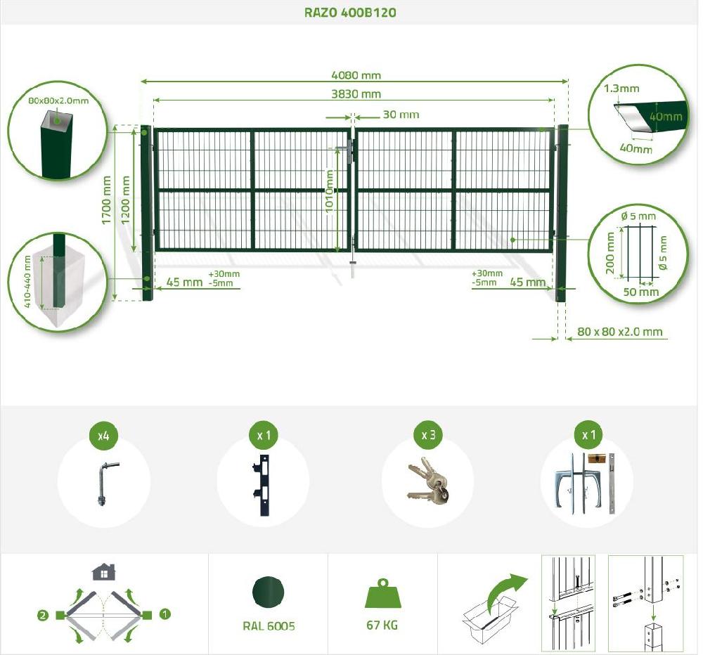 Puerta batiente de malla metálica 4m RAZO 400B120 Verde Rebajas de fábrica