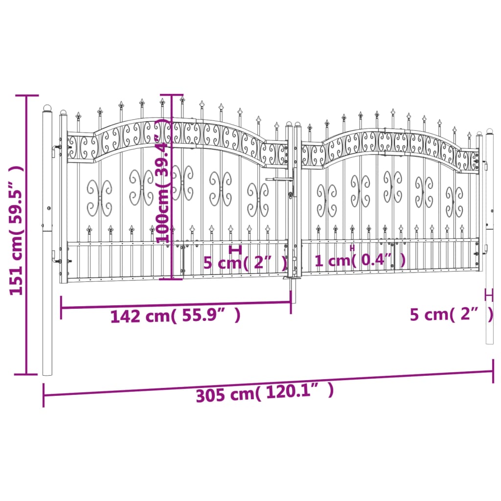vidaXL Puerta de valla punta lanza acero recubierto negro 305x151cm Envío gratis