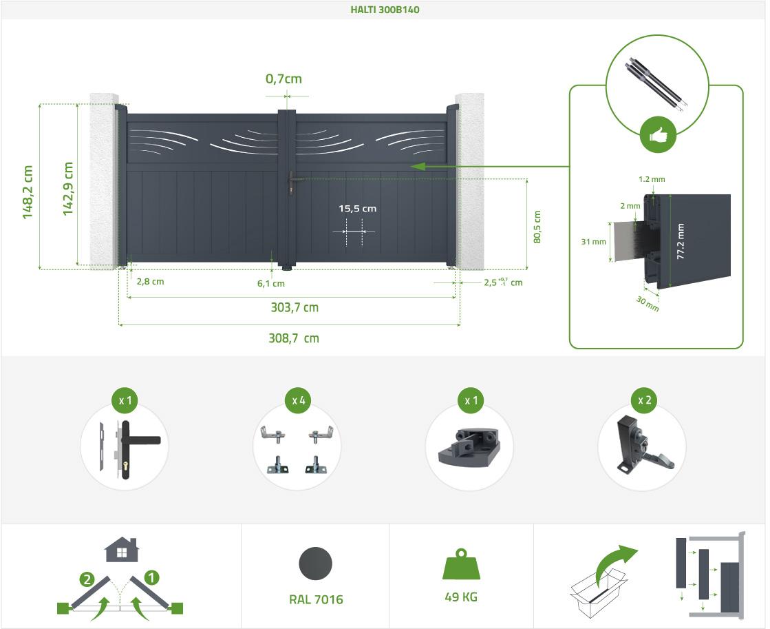 Portón eléctrico abatible 3m HALTI 300B140 GRIS + CISTERNA B700 Libre de impuestos