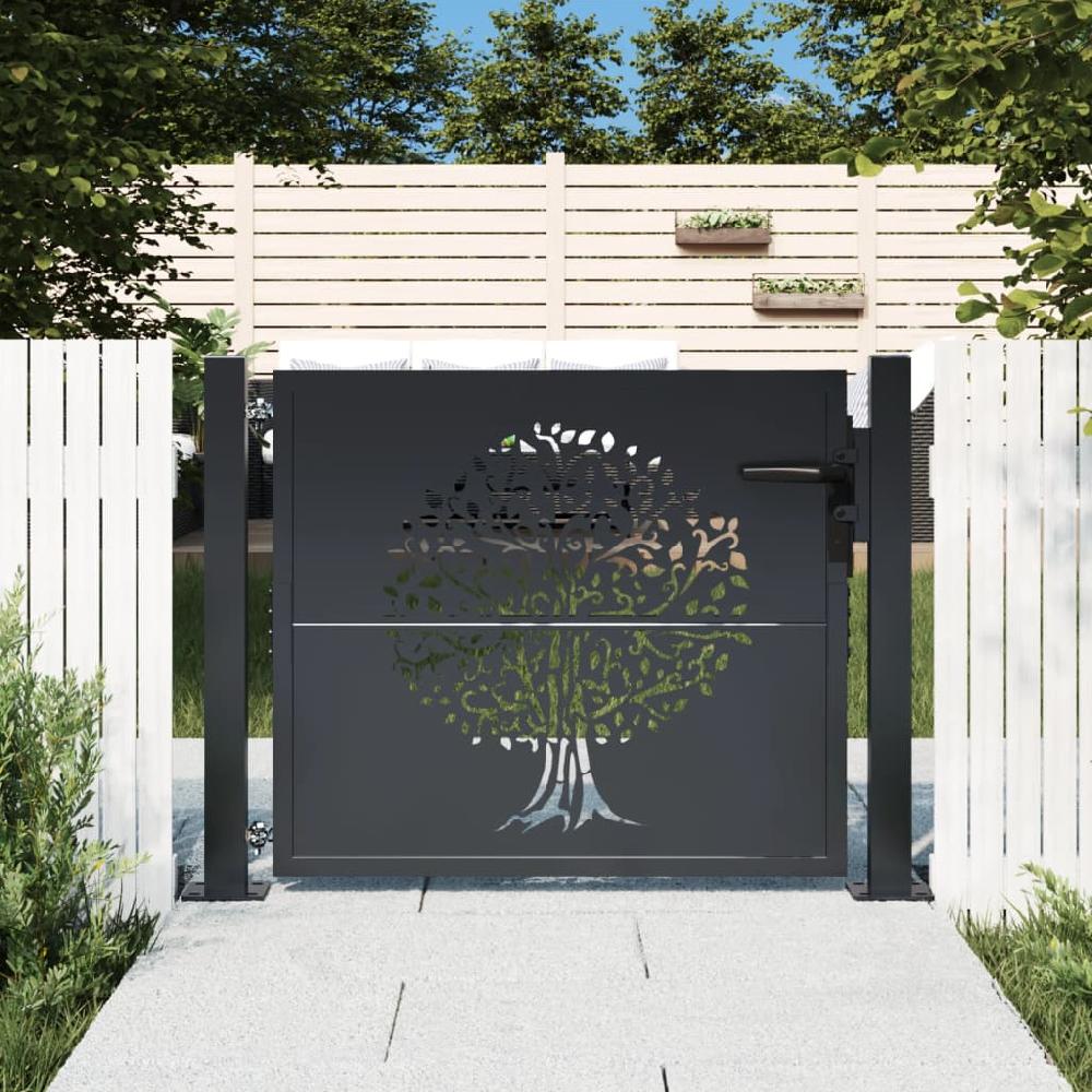 vidaXL Puerta de jardín acero gris antracita diseño árbol 105x105 cm