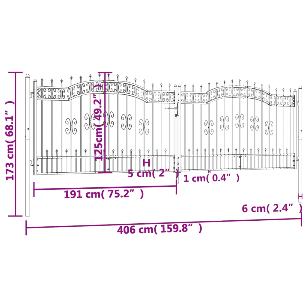 vidaXL Puerta de valla punta lanza acero recubierto negro 406x173 cm En oferta