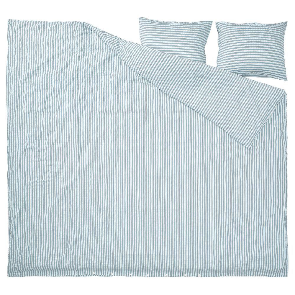 IKEA SMÅNUNNEÖRT Funda nórdica y 2 fundas almohada azul grisáceo oscuro blanco/rayas 240x220/50x60 cm Rebajas de fábrica